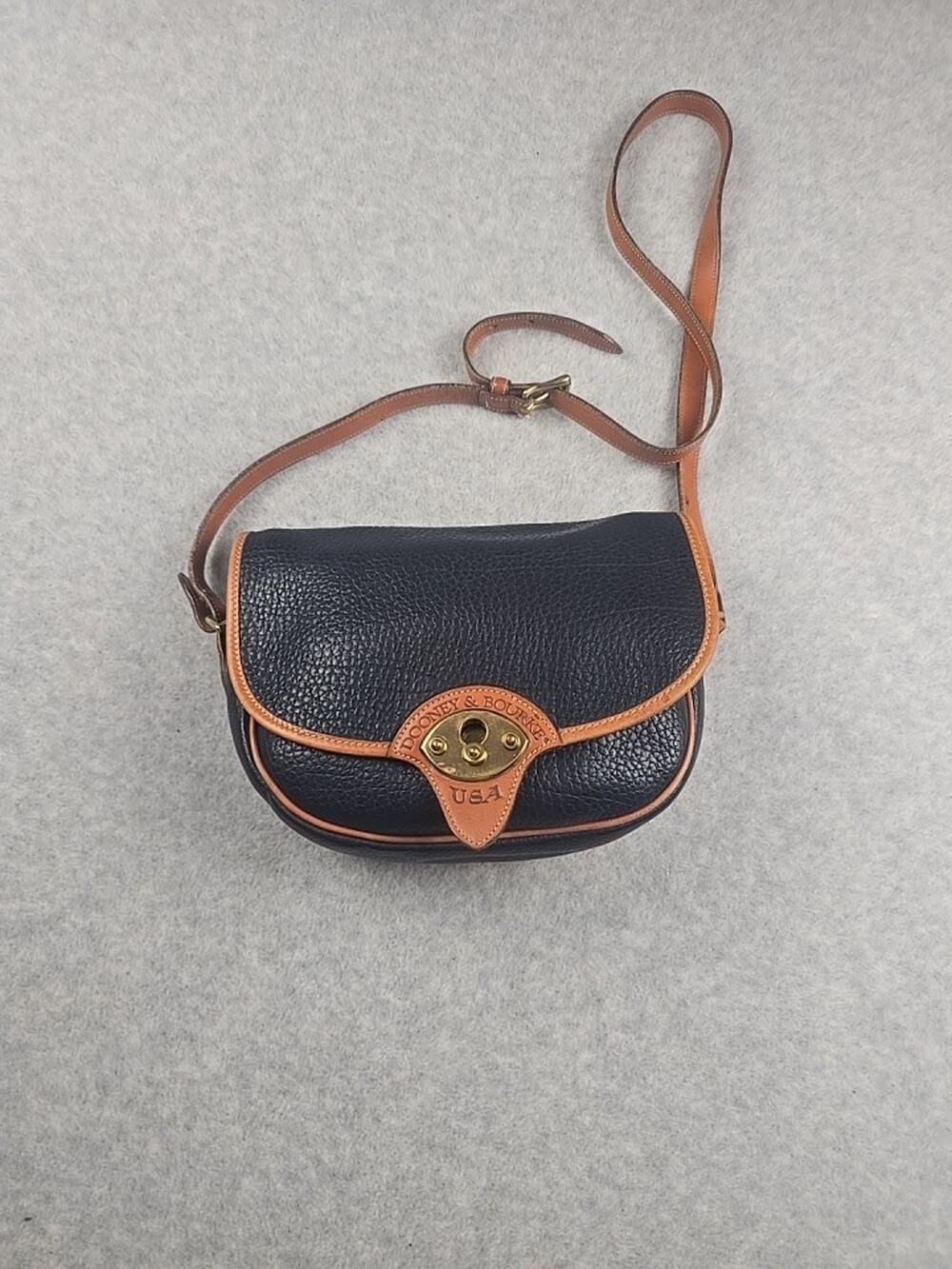 Vintage Dooney Bourke All Weather Leather Navy Tan Saddle Crossbody Bag USA